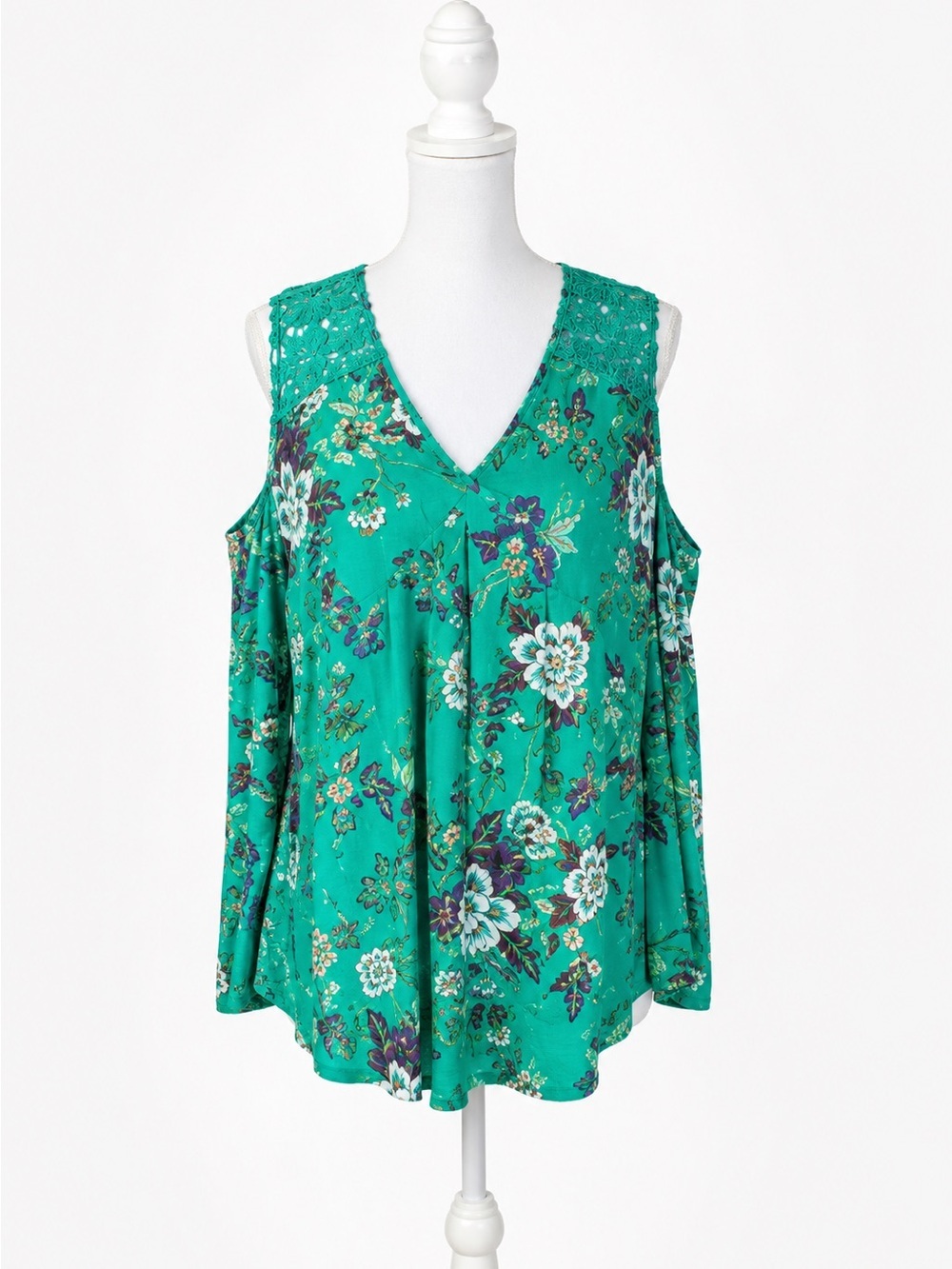 Daniel Rainn Women's Blouse Top Green V-neck Lace Shoulders Pullover Size 2X